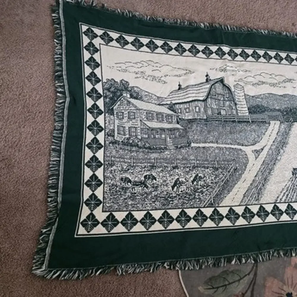 Vintage Pure Country Weavers Woven Cotton Blanket Tapestry Farm Scene Cows Green